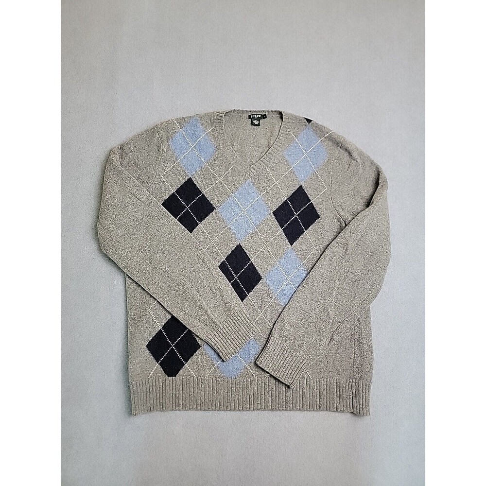 J Crew‎ Sweater Mens L V Neck Gray Blue Argyle Lambswool Knit Preppy Grandpa